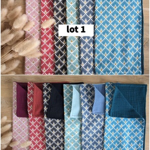 In stock: set of table napkins in printed cotton fabrics and double oeko tex gauze Lot 1