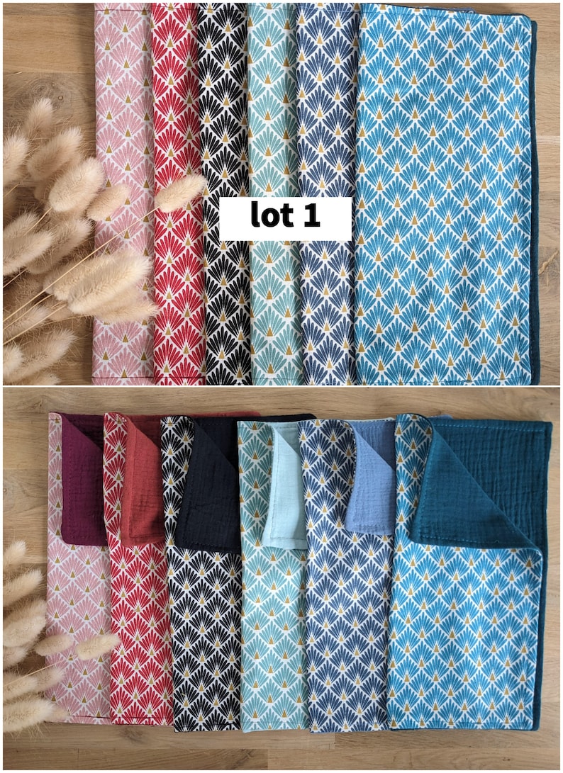 In stock: set of table napkins in printed cotton fabrics and double oeko tex gauze Lot 1