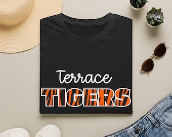 Tiger Mascot School T-Shirt | Orange black tiger print lettering