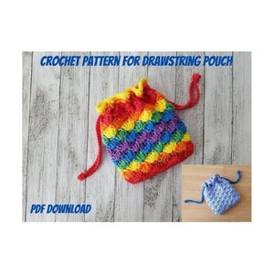 PATTERN for crochet drawstring pouch, PDF download pattern for rainbow crochet pouch,
