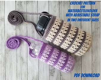 May include: Crochet pattern for a water bottle holder with an adjustable strap in two different sizes. The pattern is available as a PDF download. The image shows two crocheted water bottle holders, one in purple and one in beige and gray.