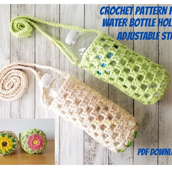 PATTERN for Crochet water bottle holder, pdf download for flower motif cross-body bottle holder with adjustable strap