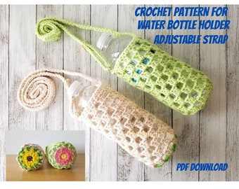 PATTERN for Crochet water bottle holder, pdf download for flower motif cross-body bottle holder with adjustable strap