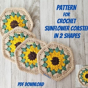 PATTERN for crochet sunflower mug coaster in hexagon and round, PDF Download for sunflowe cup coaster, sunflower granny square