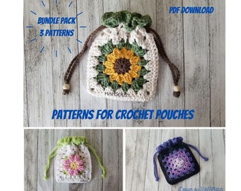 PATTERNS for Crochet Granny Square Pouches, PDF download for crochet pouches with drawstrings, bundle pack of 3 crochet pouches