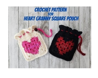 Crochet PATTERN for Heart Granny Square Pouch with drawstring. PDF Download pattern for pouch