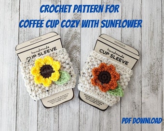 PATTERN for Crochet coffee cup cozy with sunflower, PDF Download pattern for cup sleeve