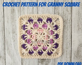 May include: Crochet pattern for a granny square with a center of beige yarn and alternating rows of pink and purple yarn.