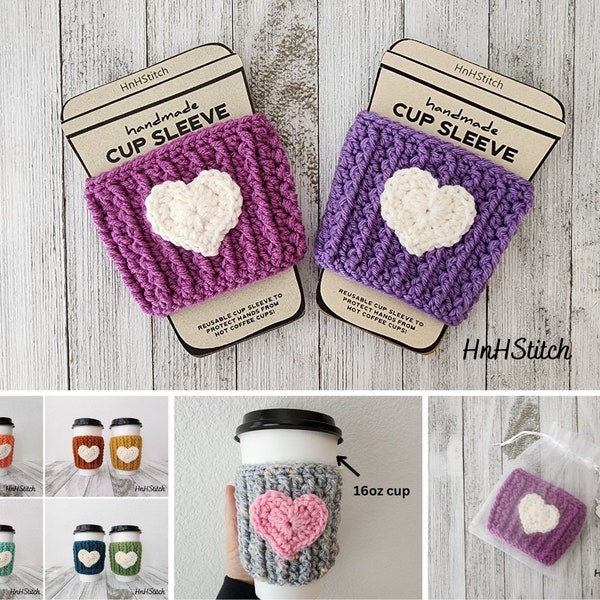 Handmade Coffee Cup Cozy with heart, crochet reusable cup sleeves, Valentine's day gift