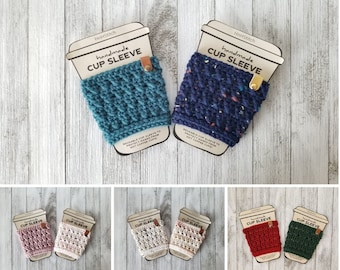 Crochet coffee cup cozy, handmade cup sleeve, cozies for 16oz cup, with faux leather tag