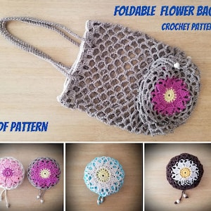 May include: A crochet pattern for a foldable flower bag. The bag is made of a light brown yarn and has a flower design on the front. The pattern includes instructions for making the bag and the flower.