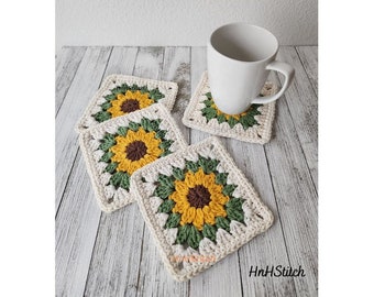 Crochet sunflower mug coaster, handmade cup coaster, drink ware, kitchen accessory