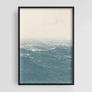 Out at Sea - Japanese Waves, Japanese Art Print, Japanese Vintage Poster, Digital Download, Woodblock, ukiyo-e, Japandi, Minimalist poster