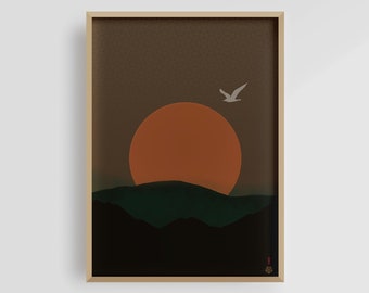 Impression d'art Japandi | Oeuvre d'art zen | Art mural de galerie | Gravure sur bois du Japon | Impression d'art coucher de soleil | Décoration murale japonaise | Poster Mouette