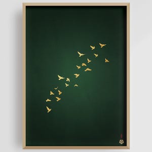 Arte mural japonés verde y dorado / Póster de grullas japonesas / Impresión artística verde esmeralda / Obra de arte de pájaros voladores / Decoración japonesa / Impresión giclée