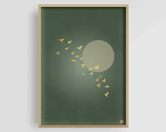 Japansk väggkonst i salviagrönt och guld | Japansk tranaposter | Ljusgrönt konsttryck | Flygande fåglar | Japandi-dekor | Giclée-tryck