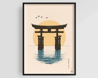 Torii Gate Wall Art | Japanese Art Print | Floating Torii with Golden Sun | Zen Wall Art for Japandi or Wabi-Sabi Decor | Sunset Poster