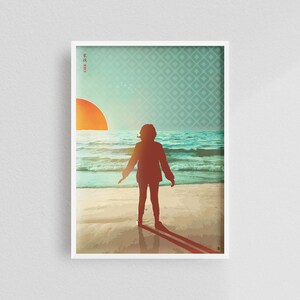 May include: A silhouette of a person standing on a beach with a large red sun setting over the ocean. The background is a teal blue with a geometric pattern.