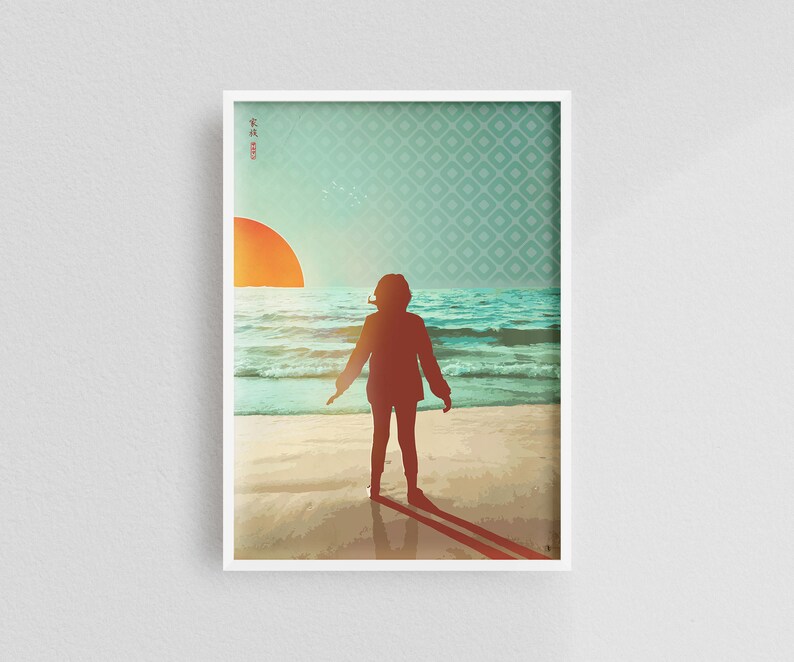 May include: A silhouette of a person standing on a beach with a large red sun setting over the ocean. The background is a teal blue with a geometric pattern.