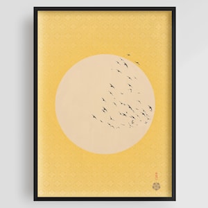 Yellow and Gold Flying Birds Print, Japandi Art Print, Zen Artwork, Japanese Vintage Poster, Japan Wall Art, Flying Birds Poster, Sunrise