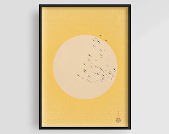Gelb und Gold fliegende Vögel Druck, Japandi Kunstdruck, Zen Kunstwerk, Japanisches Vintage Poster, Japan Wandkunst, Fliegende Vögel Poster, Sonnenaufgang