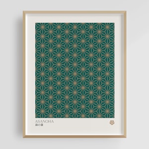 May include: A framed print with a geometric pattern of gold stars on a teal background. The print has the text "ASANOHA" and "麻の葉" in Japanese.