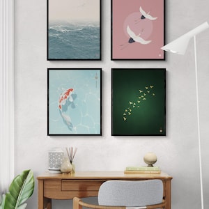 A gallery wall of four Japanese art prints