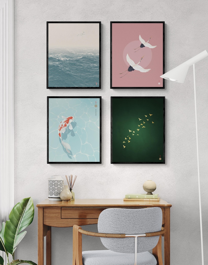 A gallery wall of four Japanese art prints