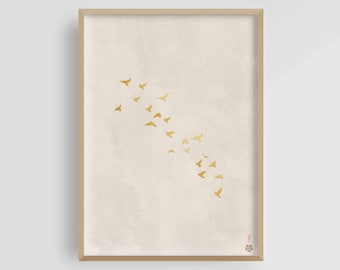 Beige and Gold Japanese Wall Art | Japanese Cranes Poster | Neutral Colors Art Print | Flying Birds Artwork | Japandi Decor | Giclée Print