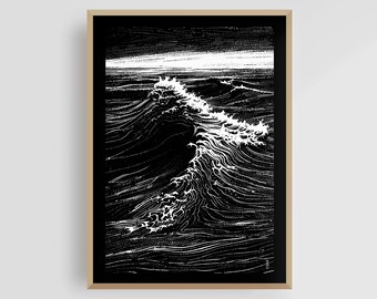 Nami no Uta 1 – Japanische Welle | Schwarz & Weiß Abstrakt Ocean Wand Kunst | Japandi Zen Minimalist Digital Decor | Sofort Poster Download