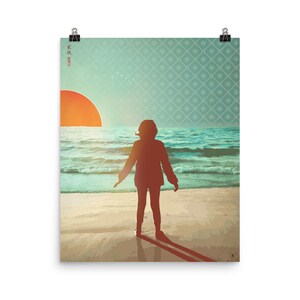 May include: A silhouette of a person standing on a beach with their arms outstretched, facing a setting sun over a turquoise sea. The background features a geometric pattern in shades of teal and green.