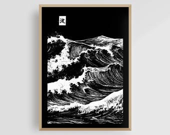 Nami no Uta 6 – Japanische Welle Digitaldruck | Schwarz-Weißes abstraktes Ozean-Wand-Kunstwerk | Japandi Zen Minimal Dekor | Küstenlandschaft