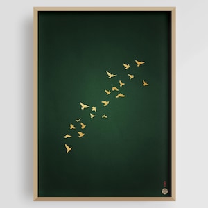 Green and Gold Japanese Wall Art | Japanese Cranes Poster | Emerald Green Art Print | Flying Birds Artwork | Japandi Decor | Giclée Print