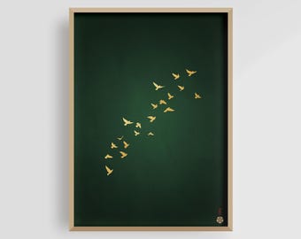 Grön och guld japansk väggkonst | Japansk tranaposter | Smaragdgrönt konsttryck | Flygande fåglar konstverk | Japandi-dekor | Giclée-tryck