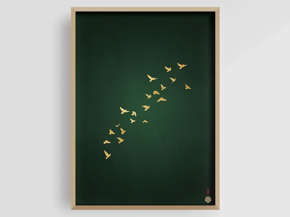 Green and Gold Japanese Wall Art | Japanese Cranes Poster | Emerald Green Art Print | Flying Birds Artwork | Japandi Decor | Giclée Print