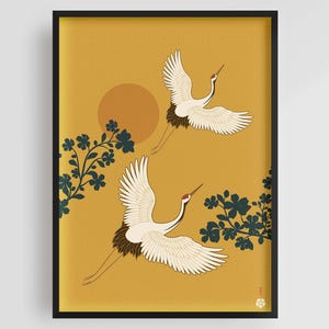 Yellow Sky and Cranes | Vintage Japanese Wall Art | Crane Illustration | Yellow and Gold Japanese Wall Art | Japandi | Flying Birds Artwork
