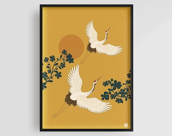 Yellow Sky and Cranes | Vintage Japanese Wall Art | Crane Illustration | Yellow and Gold Japanese Wall Art | Japandi | Flying Birds Artwork