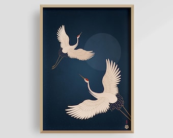 Japanese Crane Art Print, Night Sky Print, Flying Birds Poster, Moon Art, Japandi Wall Art , Zen Artwork, Dark Blue Wall Art, Ukiyo-e Art
