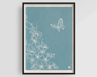 Japanese Botanical Art Print | Blue Plum Blossom & Butterfly | Minimalist Japandi Wall Decor | Zen Wall Art | Giclée Print | Blue Wall Art