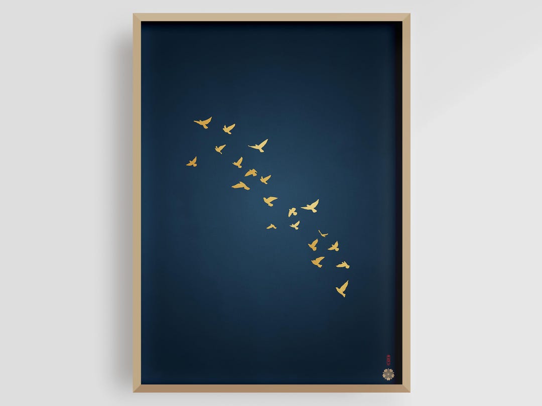 Blue and Gold Flying Birds Wall Art | Japanese Cranes Poster | Navy ...