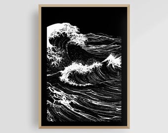 Nami no Uta 2 – Die Japanische Welle Kunstdruck | Abstrakte Schwarz-Weiß-Meerblick | Japandi Zen Wanddekor | Modernes Digital Download Kunstwerk