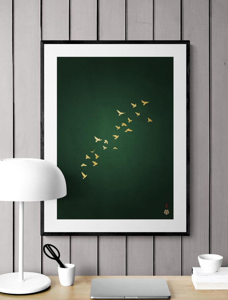 Rich looking dark green and gold birds artwork in a home office