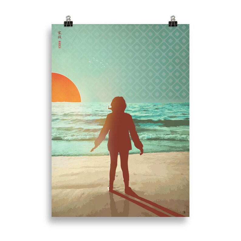 May include: A silhouette of a person standing on a beach with a large orange sun setting over the ocean. The background is a teal blue with a geometric pattern.