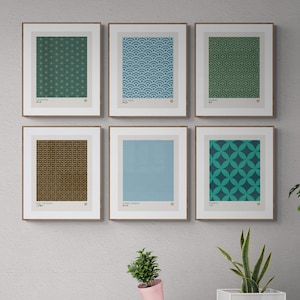 May include: Six framed prints with different geometric patterns in shades of blue, green, and gold. The prints are arranged in a grid on a white wall. The prints are titled "Sansho", "Seigaiha", "Shibazakura", "Kiku Tsumagari", "Sabi Reimon", and "Shippou".