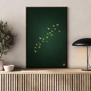 Gold and Green Japanese art print in a Japandi living room