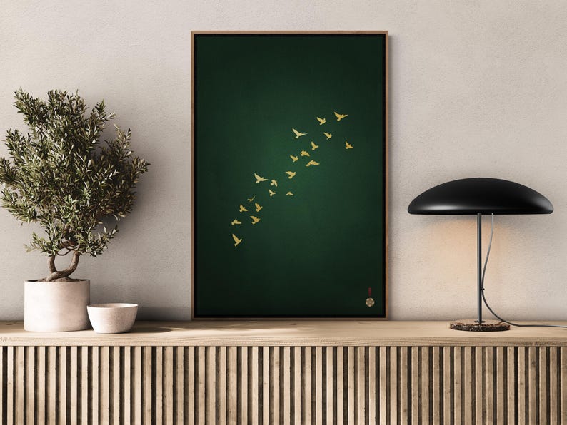 Gold and Green Japanese art print in a Japandi living room