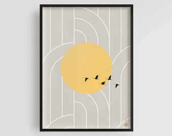 Japandi Wallpaper Art - Flying Cranes, Sunrise Poster, Minimalist Zen Print, Flying Birds Art, Modern Wallpaper, Earth tone wall art