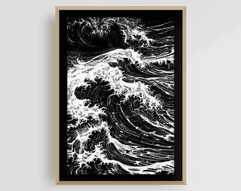 Nami no Uta 5 – Abstrakter Wellen-Kunstdruck | Schwarz & Weiß Ozean Kunstwerk | Japandi Zen Wanddekor | Minimalistisches Meereslandschaft Poster | Digital