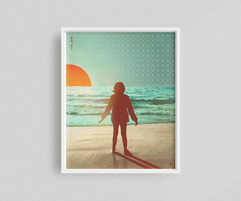 May include: A silhouette of a person standing on a beach with the sun setting in the background. The sky is a gradient of orange, yellow, and blue. The ocean is a turquoise blue with white waves. The beach is a light brown sand. The person is wearing a dark shirt and pants. The image has Japanese text in the top left corner.