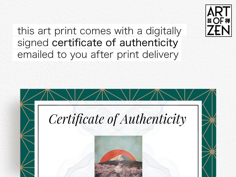 May include: A certificate of authenticity with a green and gold geometric border. The certificate has the text "Certificate of Authenticity" and a small image of a mountain with a red sun in the background.
